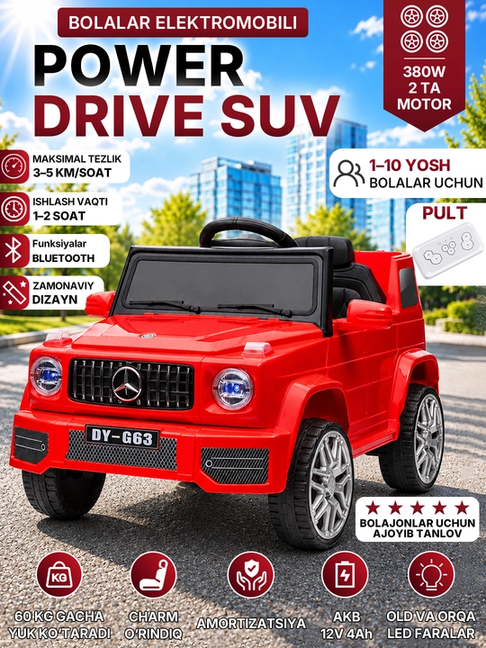 12V 4x390 kuchlanishli, to‘liq uzatmali, APP+pultli, EVA g‘ildirakli bolalar elektromobili