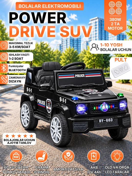 12V 4x390 kuchlanishli, to‘liq uzatmali, APP+pultli, EVA g‘ildirakli bolalar elektromobili