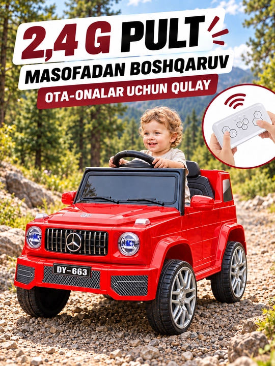 12V 4x390 kuchlanishli, to‘liq uzatmali, APP+pultli, EVA g‘ildirakli bolalar elektromobili