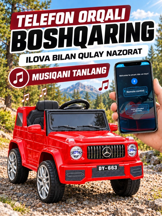 12V 4x390 kuchlanishli, to‘liq uzatmali, APP+pultli, EVA g‘ildirakli bolalar elektromobili
