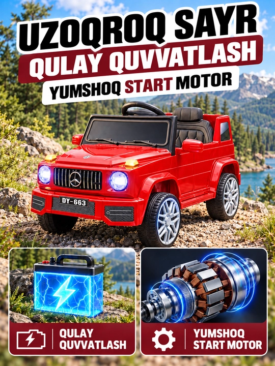 12V 4x390 kuchlanishli, to‘liq uzatmali, APP+pultli, EVA g‘ildirakli bolalar elektromobili