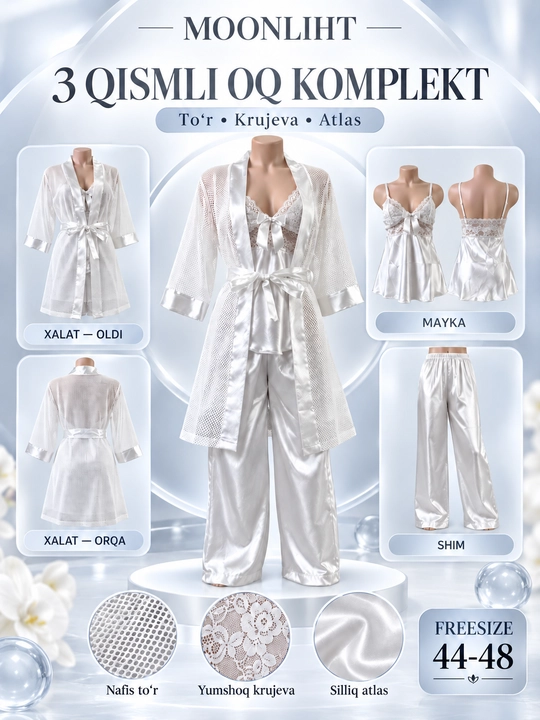 Ayollar uchun atlas pijama to'plami, patli xalat, mayka va shim, 3 qismli - 