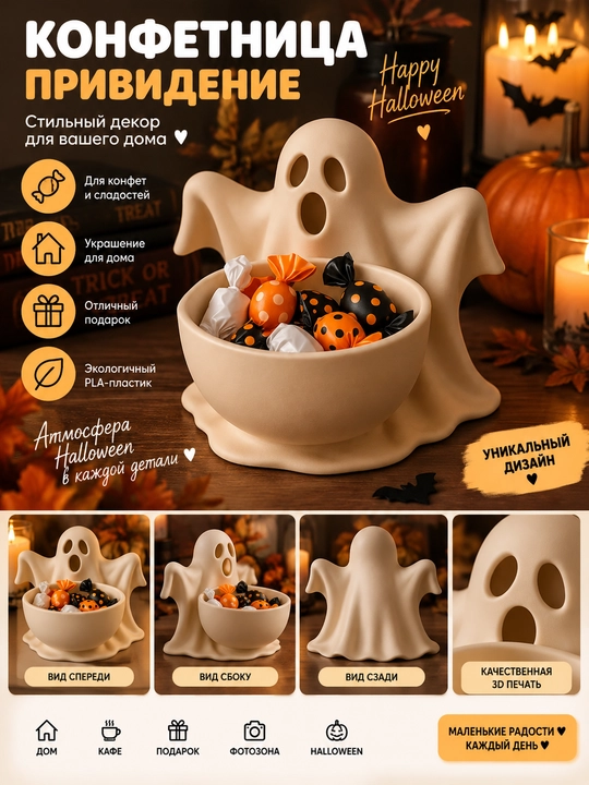 Halloween arvoh shaklidagi konfet idishi, shirinliklar uchun dekorativ idish - 