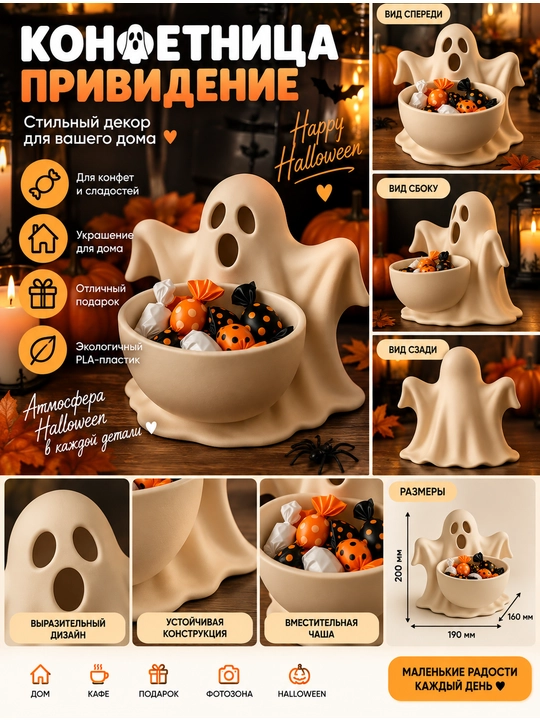 Halloween arvoh shaklidagi konfet idishi, shirinliklar uchun dekorativ idish