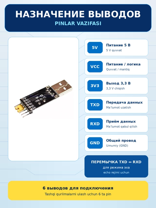 USB 2.0 – UART TTL CH340G interfeys konverteri, Arduino PRO Mini uchun dasturlagich