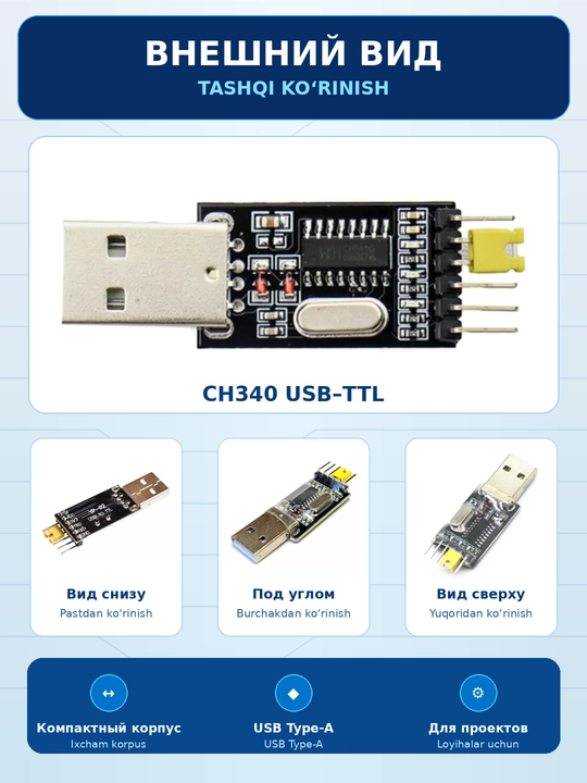 USB 2.0 – UART TTL CH340G interfeys konverteri, Arduino PRO Mini uchun dasturlagich