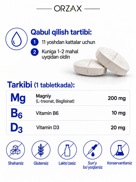 Ocean ExtraMag — 3 xil magniy: sitrat, malat, bisglitsinat, 60 tabletka, Halol