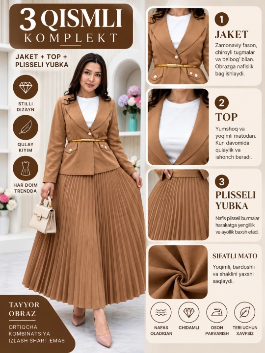 Ayollar uchun 3 qismli komplekt: jaket, top va plisseli yubka, zamonaviy fason