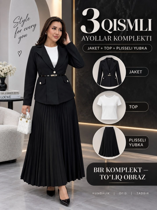 Ayollar uchun 3 qismli komplekt: jaket, top va plisseli yubka, zamonaviy fason