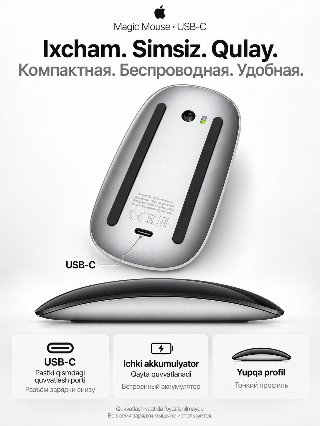 Simsiz sichqoncha Apple Magic Mouse Multi-Touch surface (USB-C), original, kafolatli