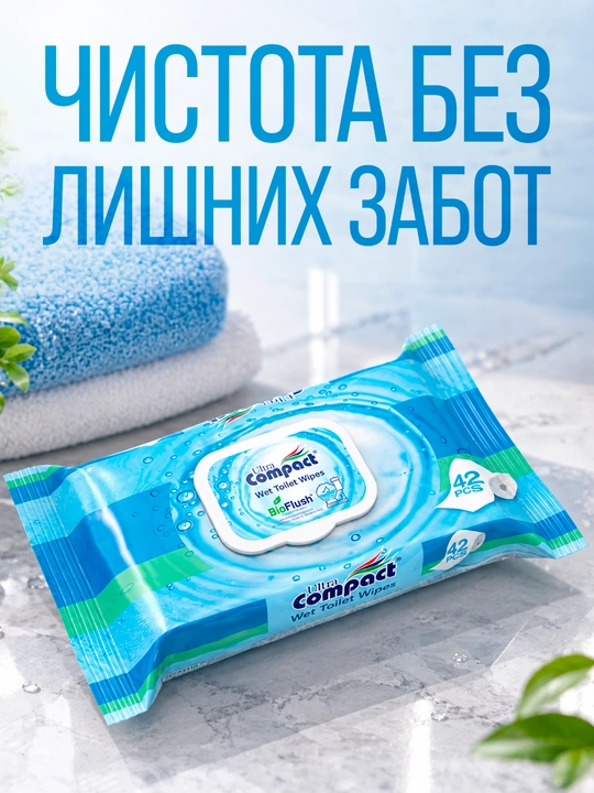 ULTRA COMPACT Влажные салфетки "Bio Flush" растворяется в канализации, 42 шт