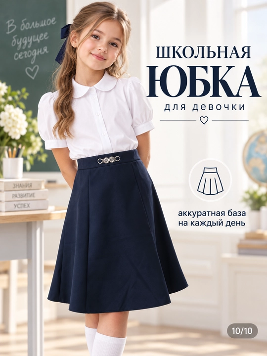Юбка школьная для девочки в складку синяя плиссированная на резинке с подвеской
