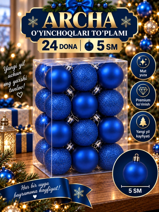 Yangi yil archa o‘yinchoqlari to‘plami, 24 dona, 5 sm, yaltiroq va purkama - 