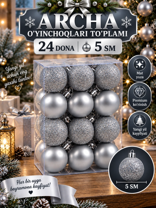 Yangi yil archa o‘yinchoqlari to‘plami, 24 dona, 5 sm, yaltiroq va purkama - 