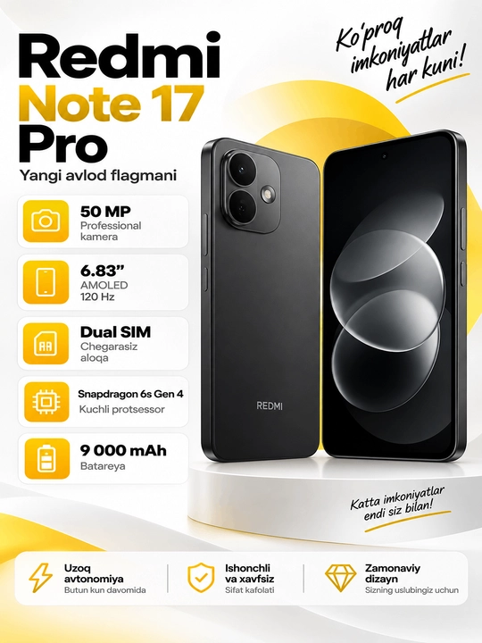 Смартфон Redmi Note 17 5G, 8000 мА·ч, AMOLED 120 Гц, Snapdragon 4 Gen 4, 50 Мп, 5G, 45 Вт - 