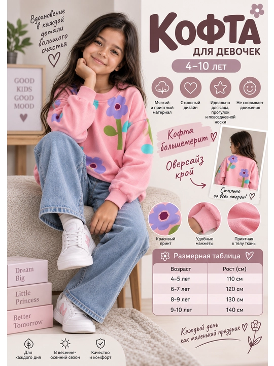 Oversize svitshot, qiz bolalar uchun gulli kofta, 4 yoshdan 10 yoshgacha - 
