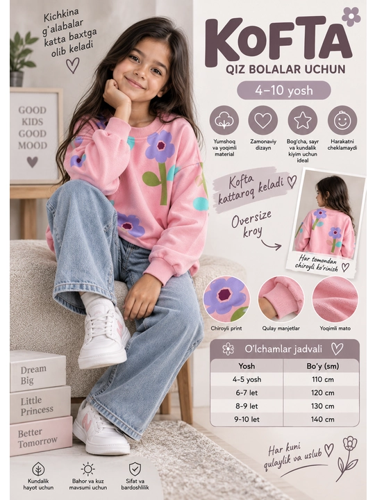 Oversize svitshot, qiz bolalar uchun gulli kofta, 4 yoshdan 10 yoshgacha