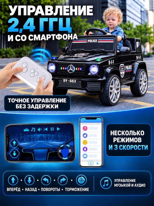 Детский электромобиль, управление с пульта и смартфона, LED-фары, музыка, режим качания
