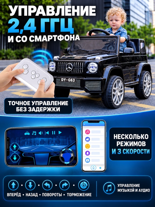 Детский электромобиль, управление с пульта и смартфона, LED-фары, музыка, режим качания