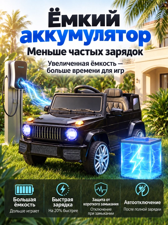 Детский электромобиль, управление с пульта и смартфона, LED-фары, музыка, режим качания