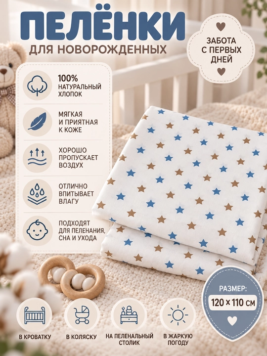 Пелёнки для новорождённых, детские пеленки, детский плед, ранфорс, хлопок, 110×120 см