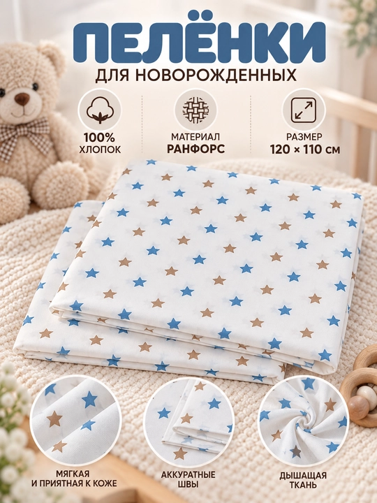 Пелёнки для новорождённых, детские пеленки, детский плед, ранфорс, хлопок, 110×120 см
