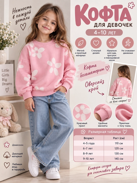 Oversize svitshot, qiz bolalar uchun gulli kofta, 4 yoshdan 10 yoshgacha - 