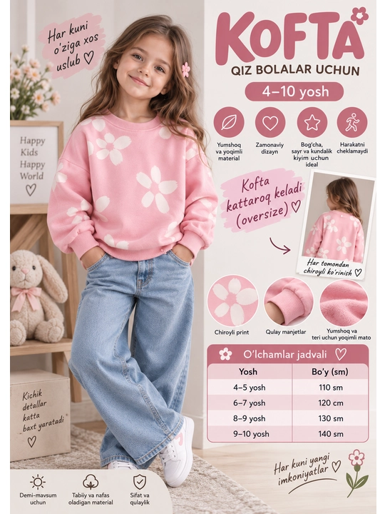 Oversize svitshot, qiz bolalar uchun gulli kofta, 4 yoshdan 10 yoshgacha
