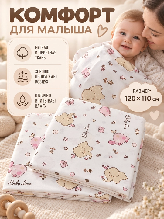 Пелёнки для новорождённых, детские пеленки, детский плед, ранфорс, хлопок, 110×120 см