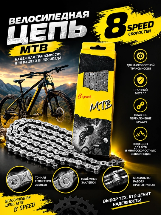 Велосипедная цепь MTB, 8 скоростей - 