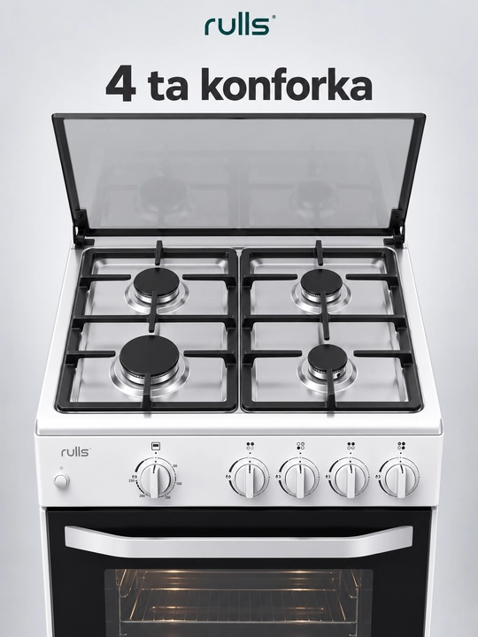 Rulls Gusto-White gaz plitasi duxovkali, 4 konforkali, shisha qopqoqli