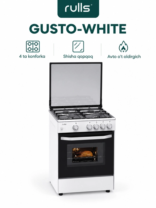 Rulls Gusto-White gaz plitasi duxovkali, 4 konforkali, shisha qopqoqli - 