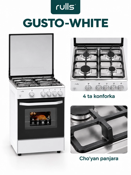 Rulls Gusto-White gaz plitasi duxovkali, 4 konforkali, shisha qopqoqli