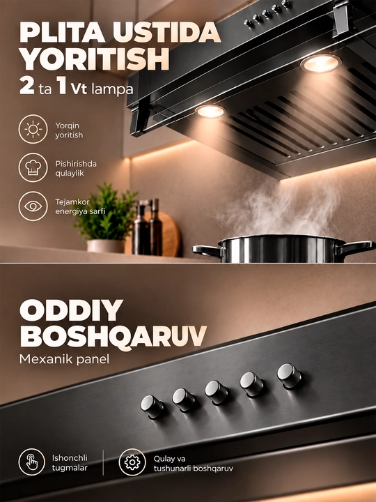 Oshxona uchun dudburon Ferre 601 Tablet, 2 motorli va yuqori havo tortish tezligi, 600 m³