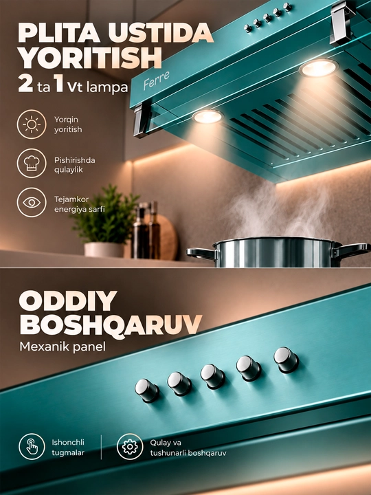Oshxona uchun dudburon Ferre 601 Tablet, 2 motorli va yuqori havo tortish tezligi, 600 m³