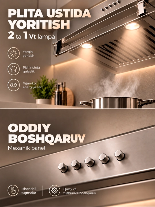 Oshxona uchun dudburon Ferre 601 Tablet, 2 motorli va yuqori havo tortish tezligi, 600 m³