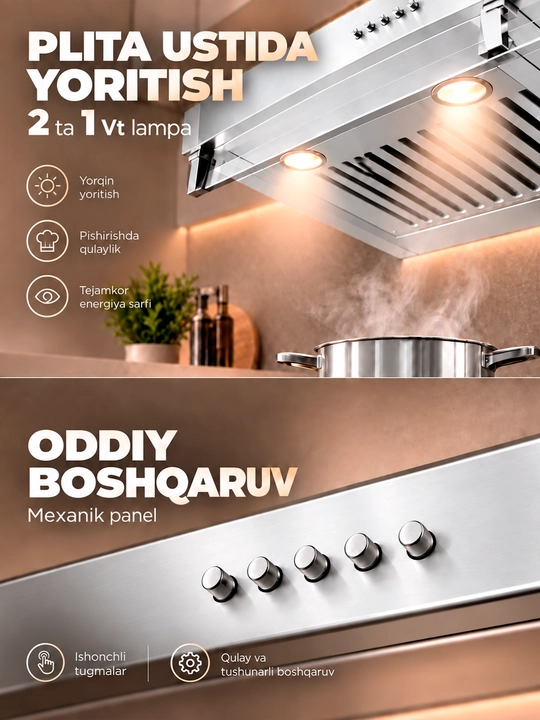 Oshxona uchun dudburon Ferre 601 Tablet, 2 motorli va yuqori havo tortish tezligi, 600 m³