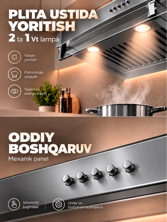 Oshxona uchun dudburon Ferre 601 Tablet, 2 motorli va yuqori havo tortish tezligi, 600 m³