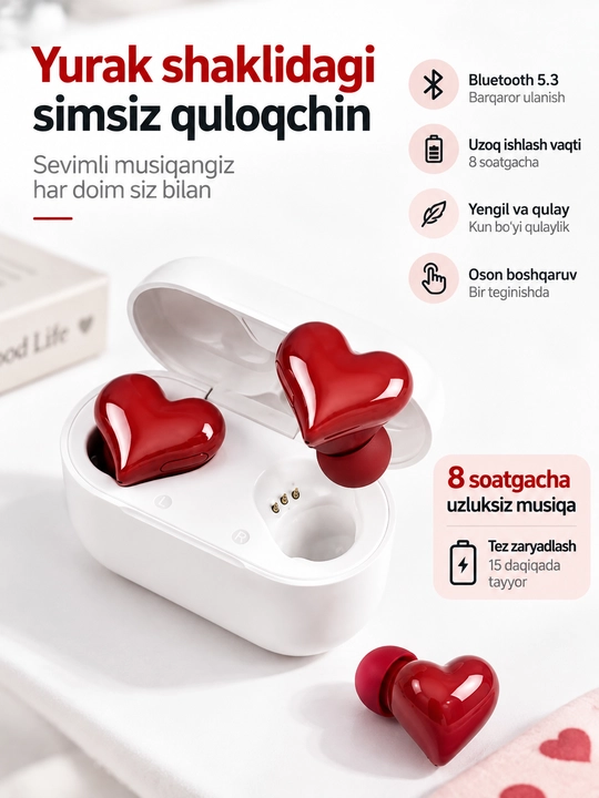 Yurak shaklidagi simsiz TWS quloqchin, Bluetooth 5.3, zaryadlash qutisi bilan, qizil - 