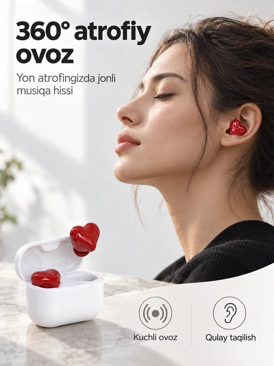 Yurak shaklidagi simsiz TWS quloqchin, Bluetooth 5.3, zaryadlash qutisi bilan, qizil