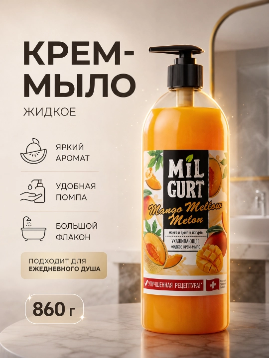 Крем-мыло жидкое MilGurt, манго и дыня в йогурте, 860 гр - 