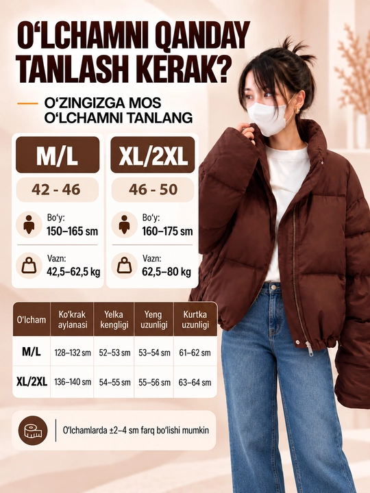 Ayollar uchun kalta oversayz qishki kurtka, tik yoqali