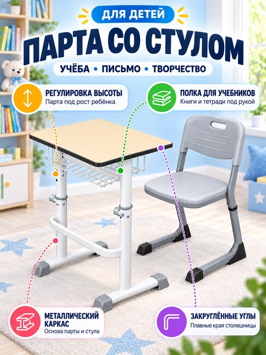 Parta stol va stul bolalar uchun, balandligi sozlanadigan dars stol, bolalar mebellari - 