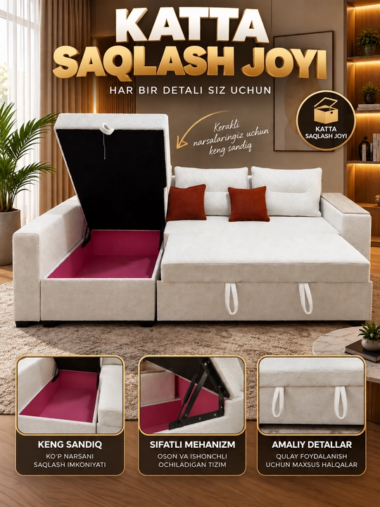 Yashikli yig‘ma burchakli divan, yumshoq divan, divan karavot Woodzone