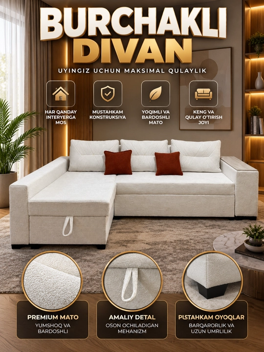 Yashikli yig‘ma burchakli divan, yumshoq divan, divan karavot Woodzone - 