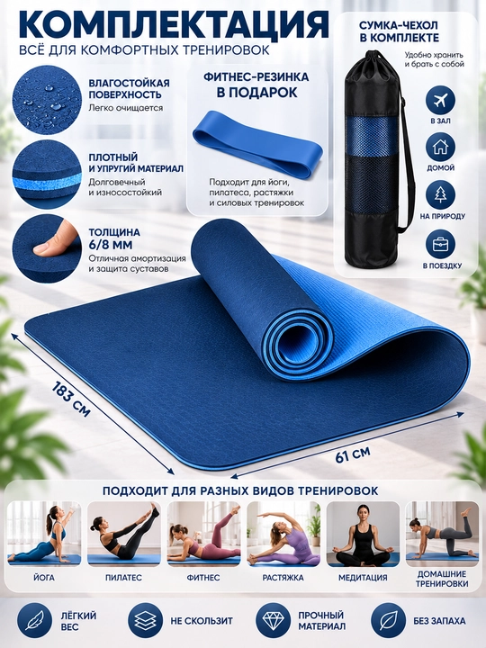 Коврик для йоги и фитнеса, спортивный, двусторонний
