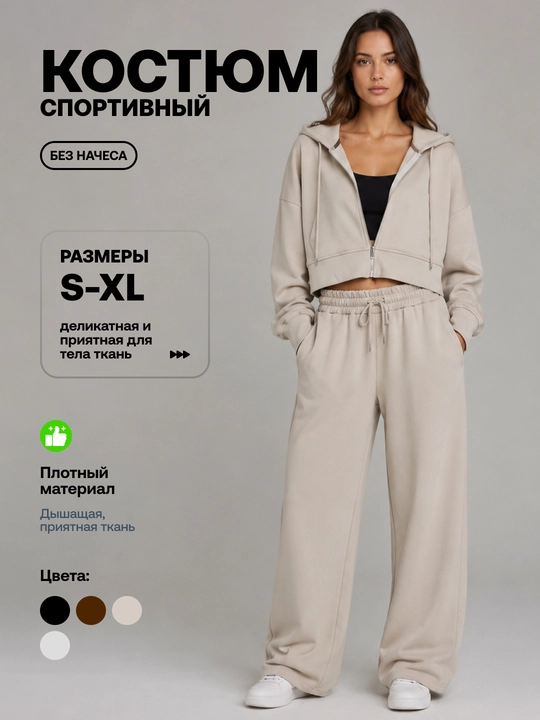 Ayollar uchun ikki qismli sport kostyumi, qisqartirilgan zip xudi va keng shimlar, to‘plam - 