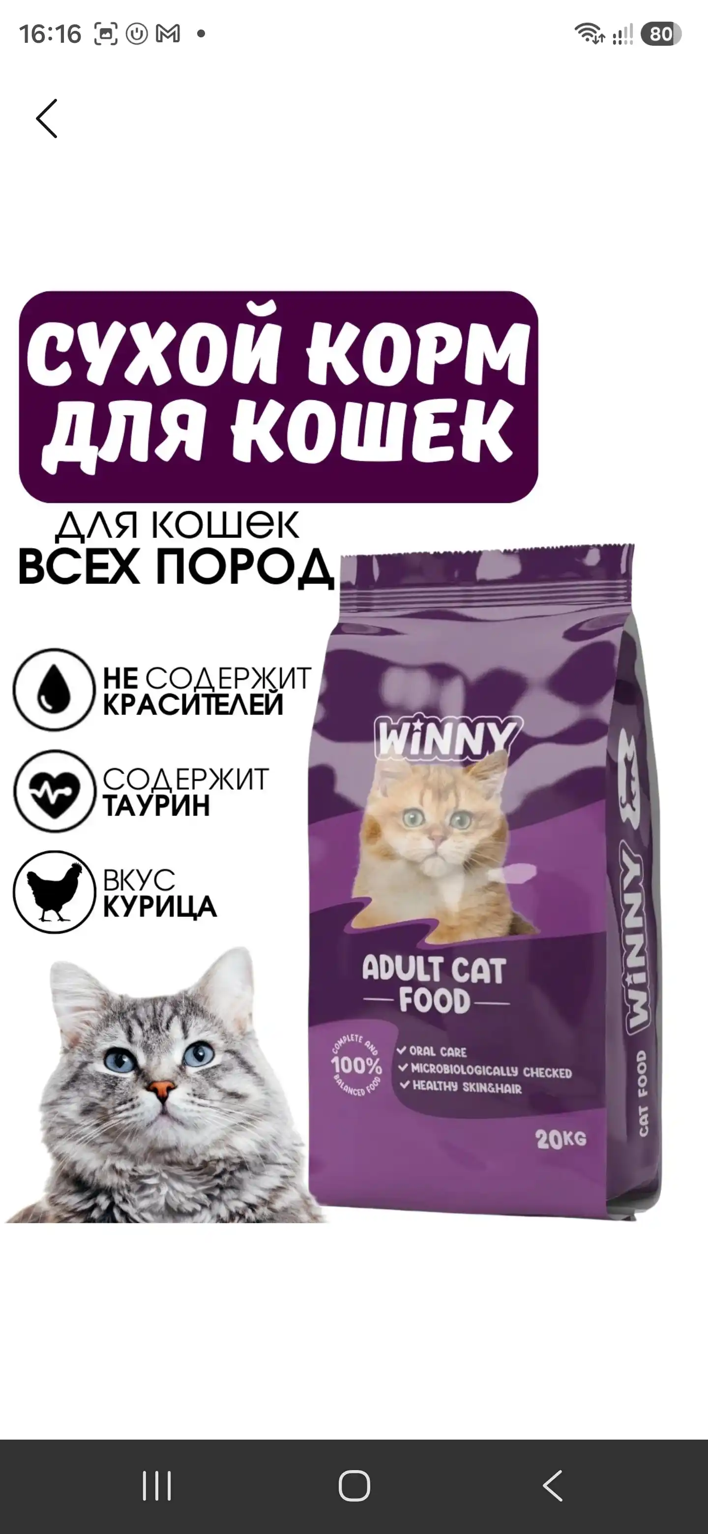 Mol go'shti qo'shilgan Winny quruq mushuk yemi, 2 kg, 10 kg
