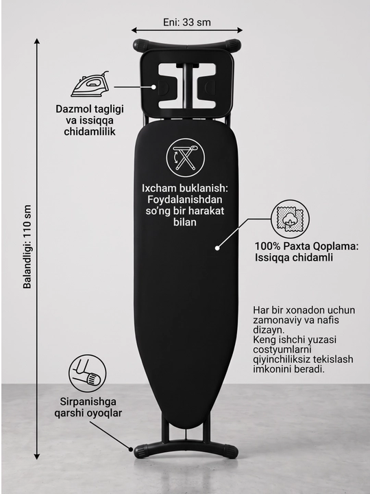 Dazmol taxtasi dazmol tagligi bilan, buklanadigan metall dazmol stoli, 110x33 sm - 