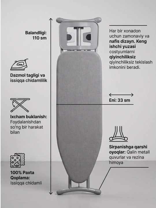 Dazmol taxtasi dazmol tagligi bilan, buklanadigan metall dazmol stoli, 110x33 sm - 